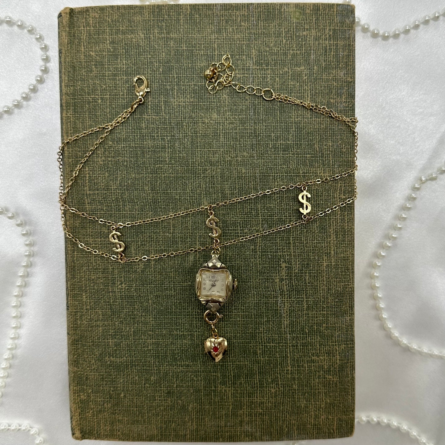 Gold Choker with Vintage Watch Pendant and Removeable Heart Locket