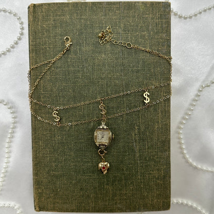 Gold Choker with Vintage Watch Pendant and Removeable Heart Locket