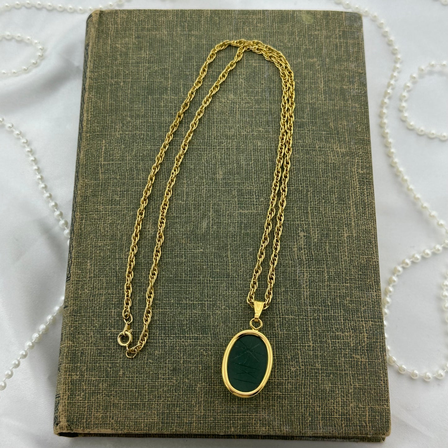 Gold Vintage Green Scarab Necklace