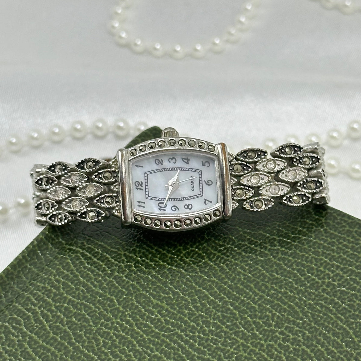 Silver and Black Marcasite Watch with Mother of Pearl Dial