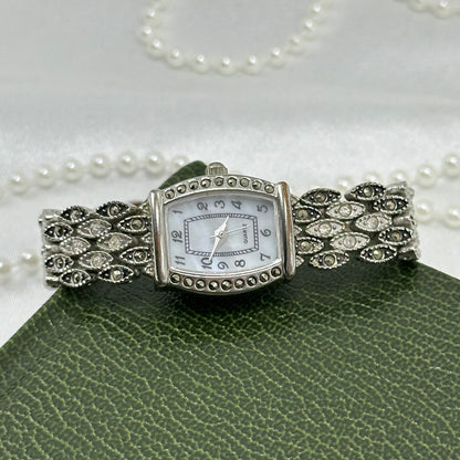 Silver and Black Marcasite Watch with Mother of Pearl Dial