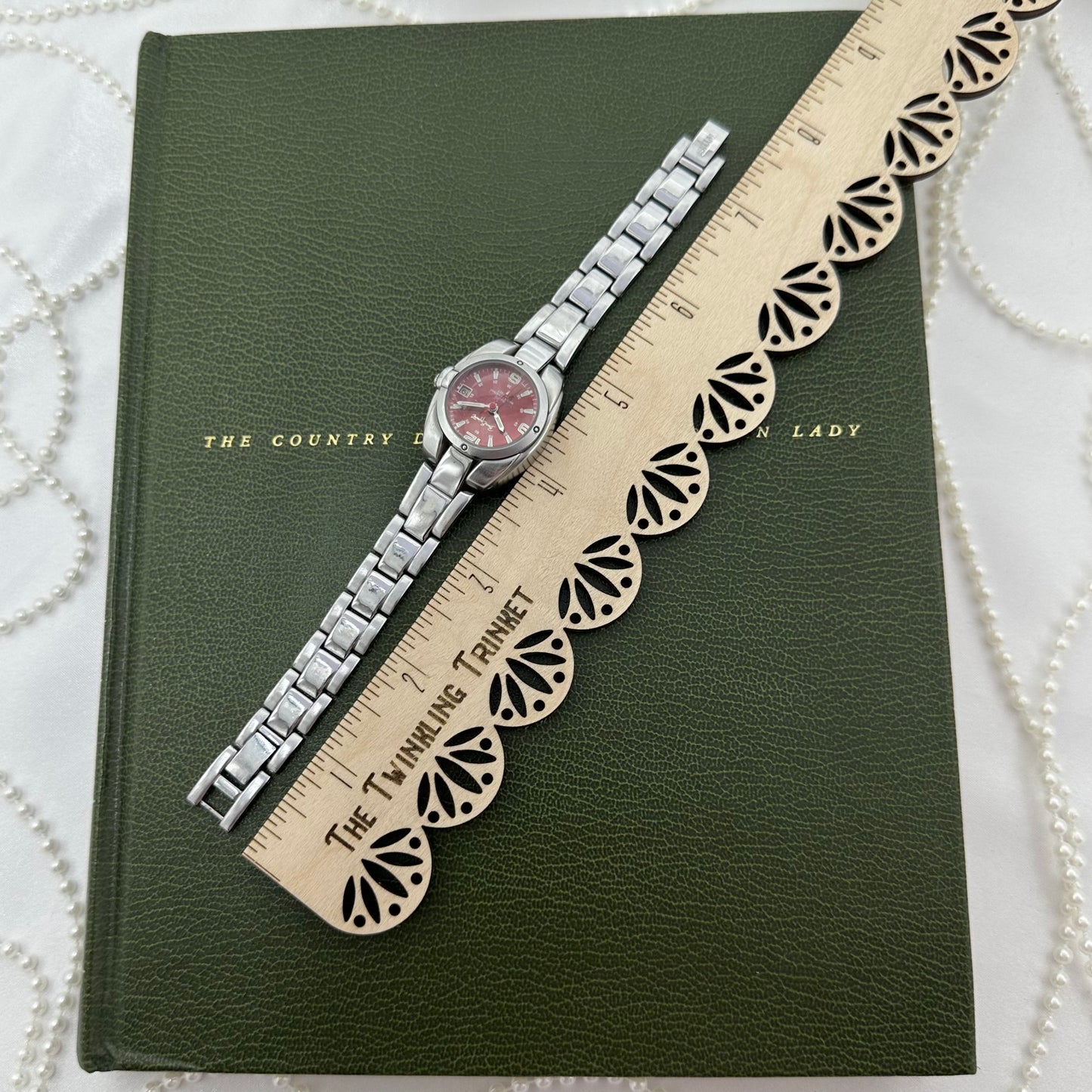Silver Red Dial Watch with Date Display