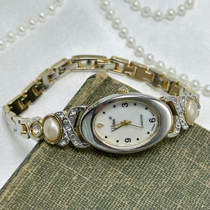 Two-Tone Diamanté and Pearl Watch with Mother of Pearl Dial