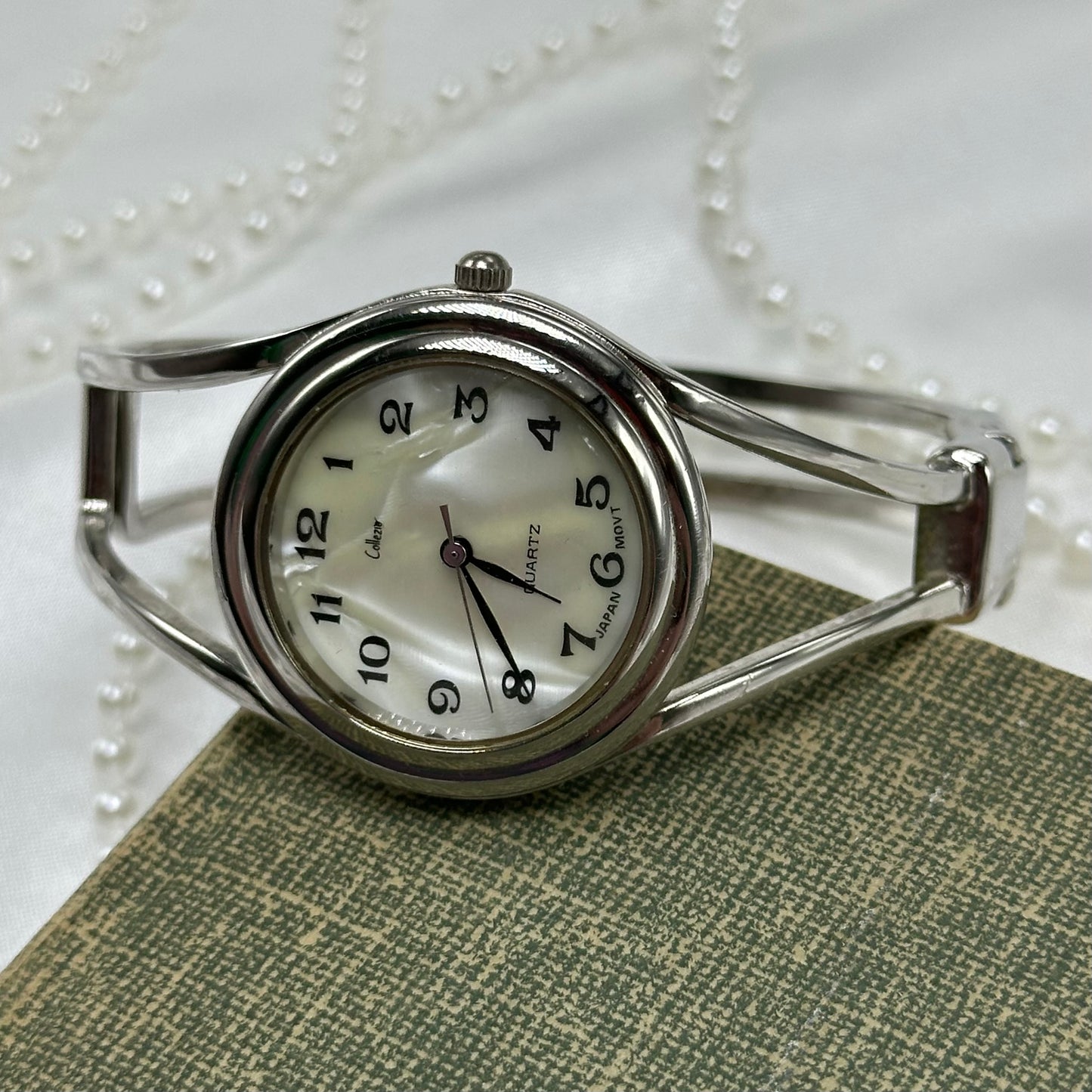 Silver Cuff Watch with Mother of Pearl Dial
