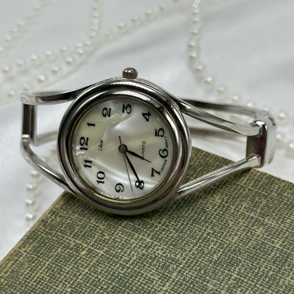 Silver Cuff Watch with Mother of Pearl Dial