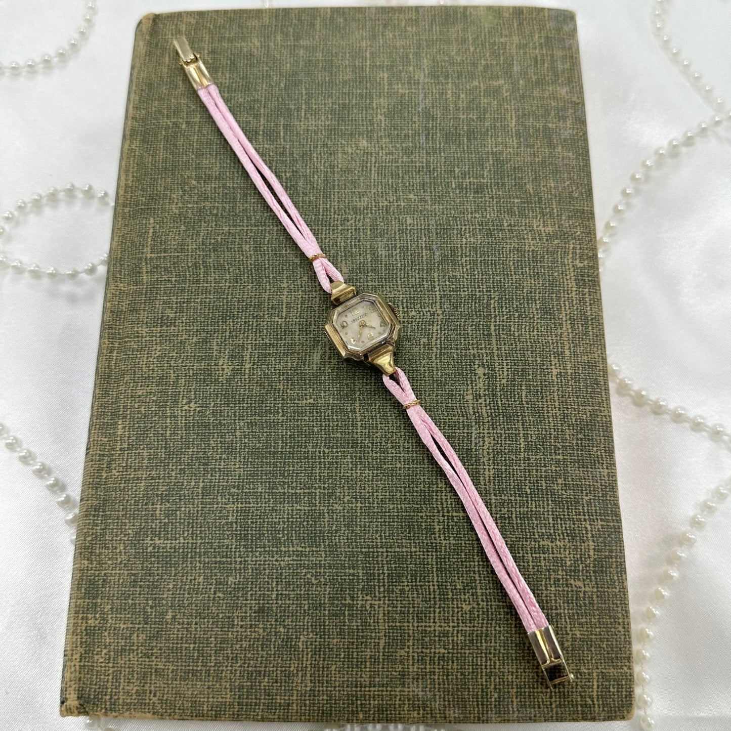 Vintage Gold Wind-Up Cocktail Watch with Satin Pink Band