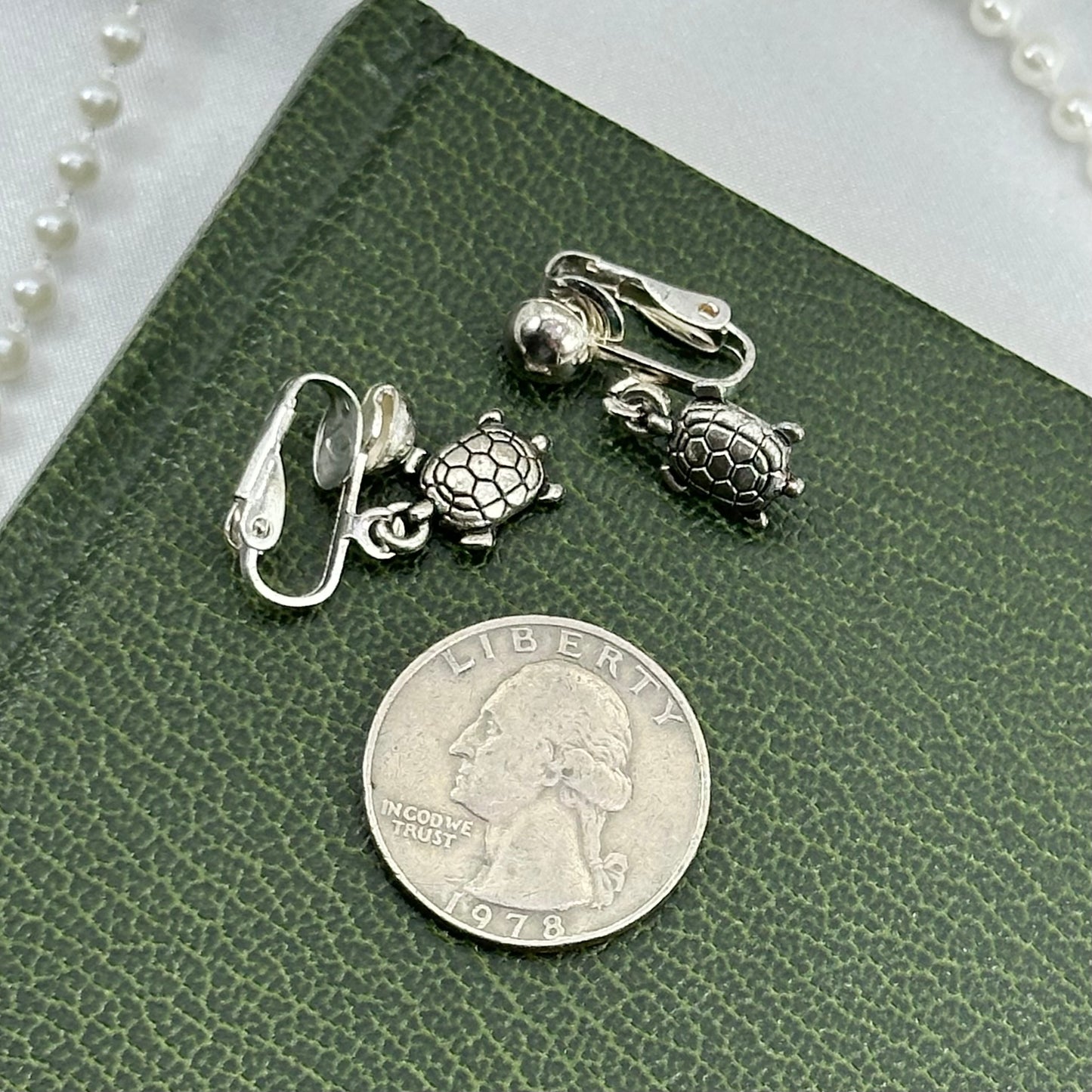Silver Dangle Clip on Earrings with Turtles