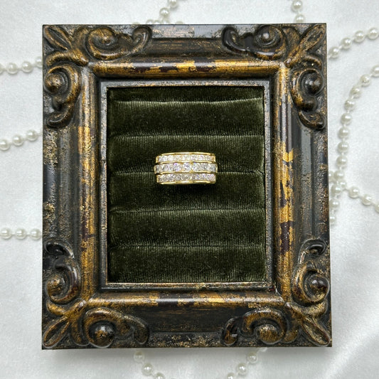 14k gold electroplated vintage deadstock ring with three row cubic zirconia band.