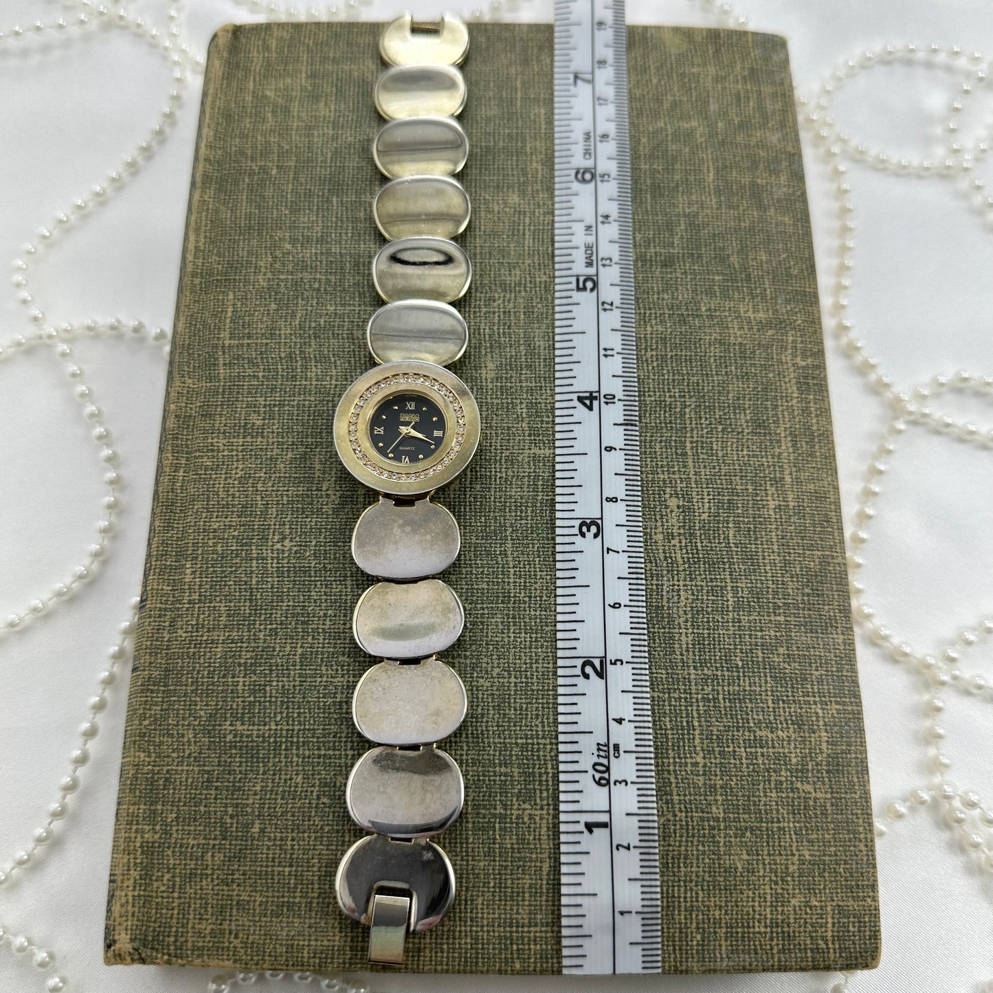 Two-Tone Coin Bracelet Watch with Black Diamanté Dial