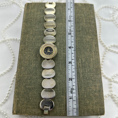 Two-Tone Coin Bracelet Watch with Black Diamanté Dial