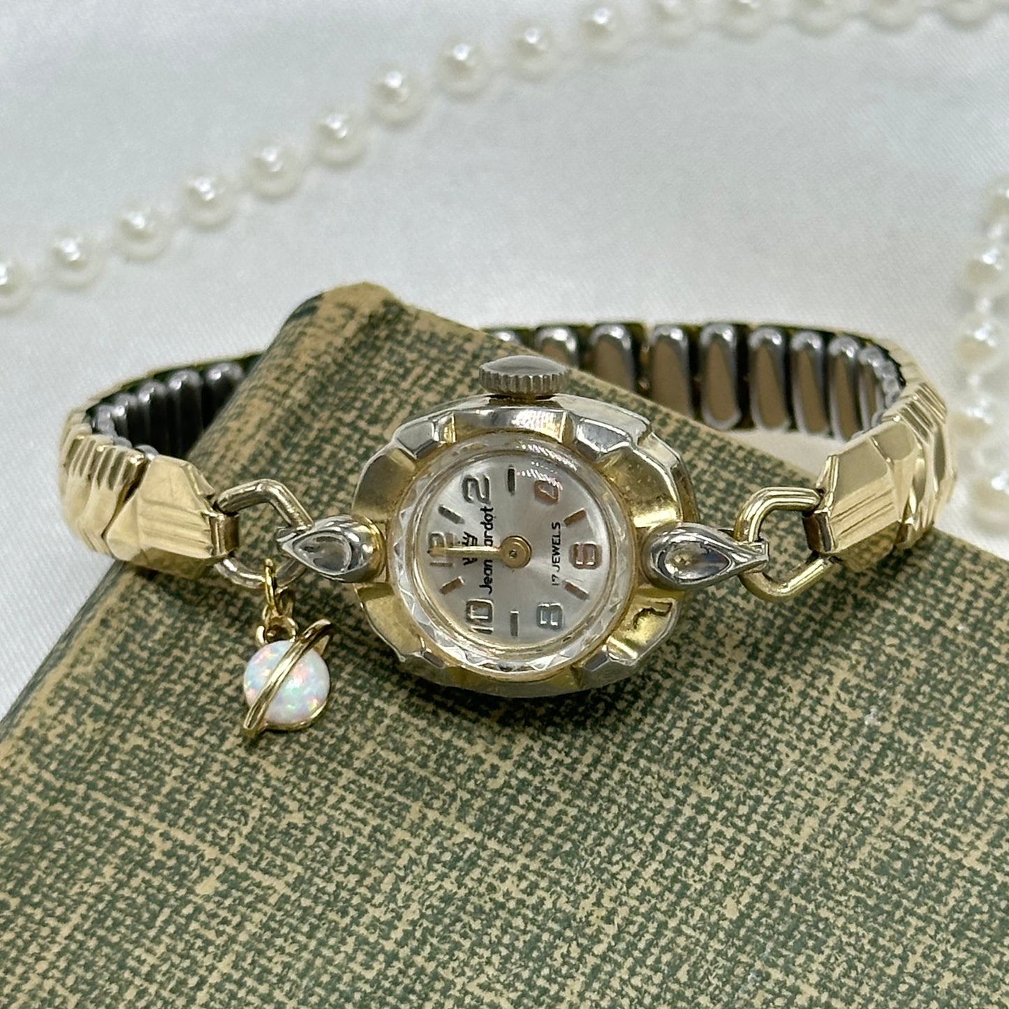 Vintage Jean Cardot Wind Up Gold Watch with Opal Saturn Charm