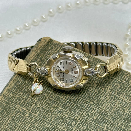 Vintage  1970's Jean Cardot Wind Up Gold Watch with Opal Saturn Charm