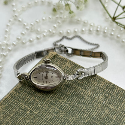 1969 10k RGP Silver Bulova Wind-Up Cocktail Watch with Dainty Oval Dial