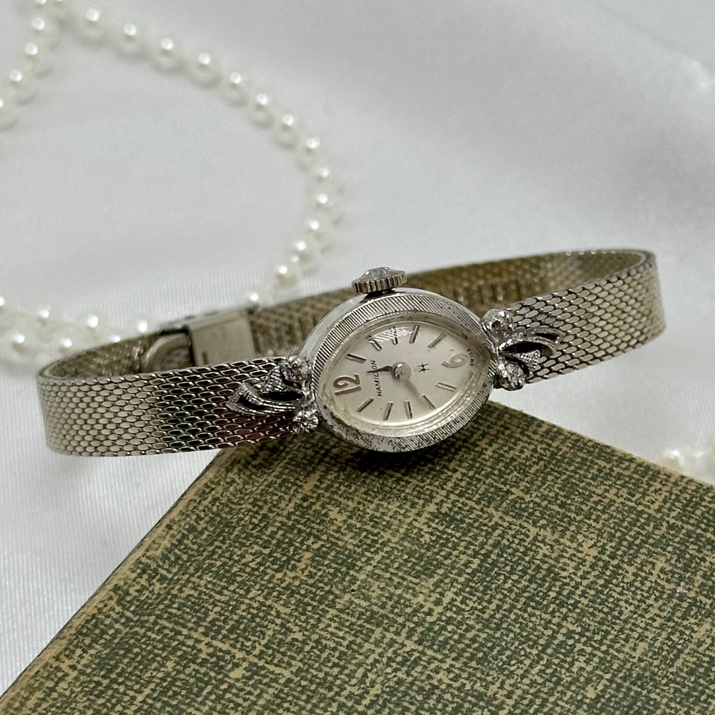 10k RGP Dainty Silver Wind-Up Hamilton Cocktail Watch with Diamond Dial