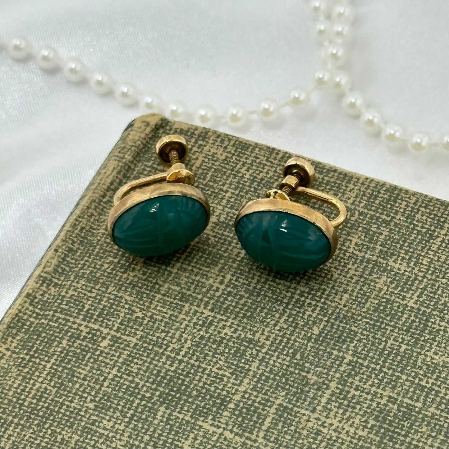 Vintage Gold Filled Green Scarab Screw Back Earrings