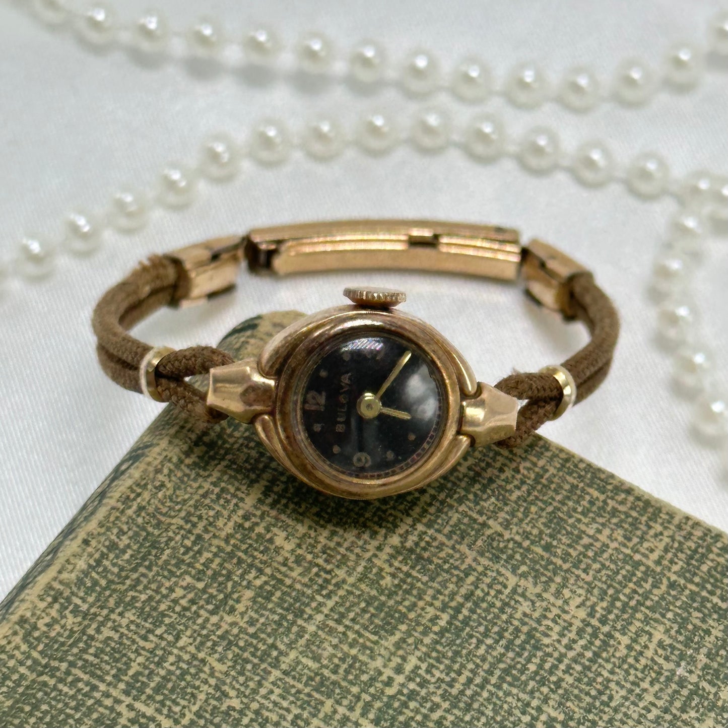 14k Vintage Rose Gold Bulova Black Dial Wind-Up Watch