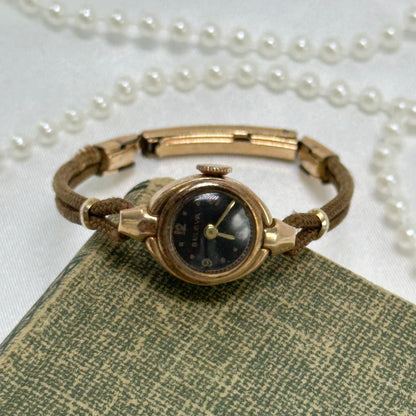 14k Vintage Rose Gold Bulova Black Dial Wind-Up Watch