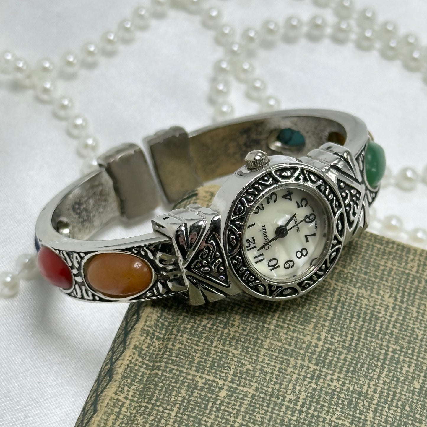 Silver Gemstone Cuff Watch