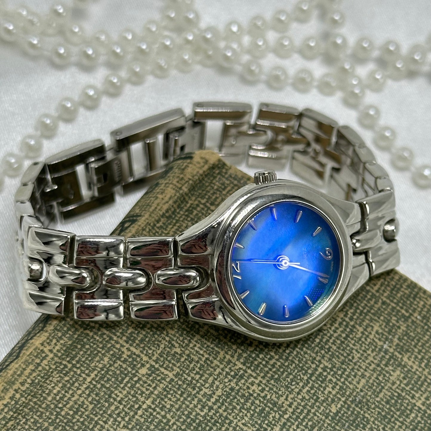 Silver Watch with Blue Iridescent Dial