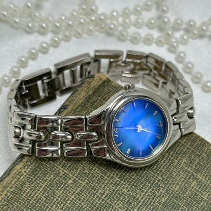 Silver Watch with Blue Iridescent Dial