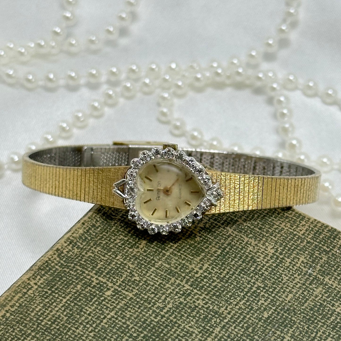 80's Gold Diamanté Heart Dial Watch