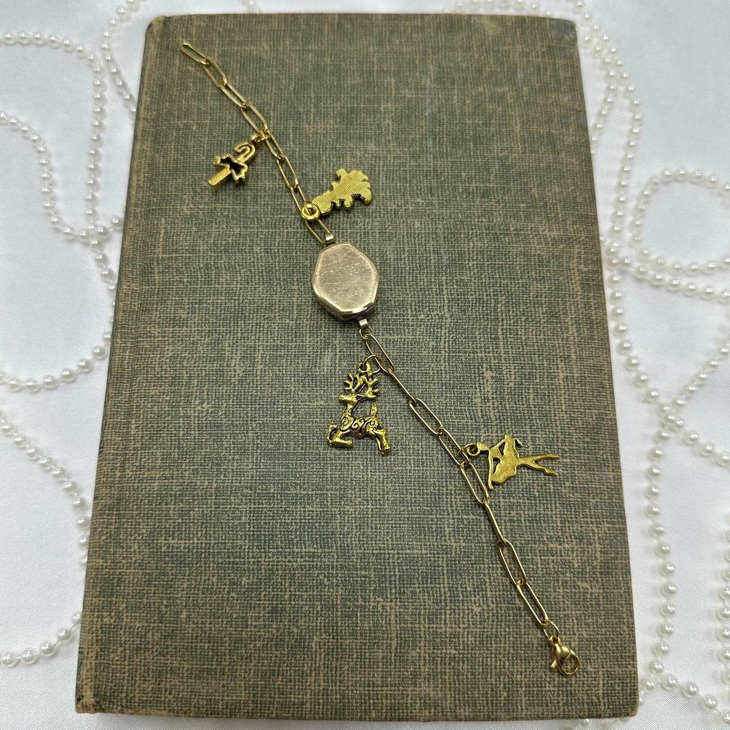 Gold Watch Paperclip Chain Christmas Charm Bracelet