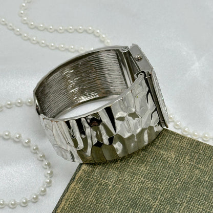 Silver Cuff Watch with Square Diamanté Dial