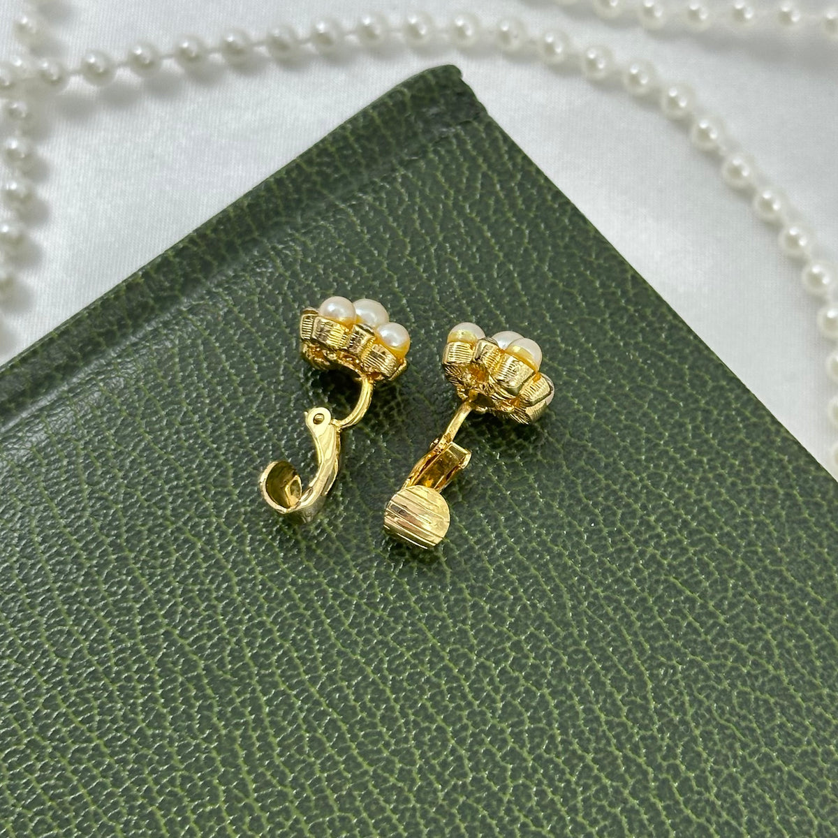 Gold Pearl and Crystal Clip On Earrings