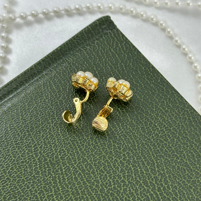 Gold Pearl and Crystal Clip On Earrings