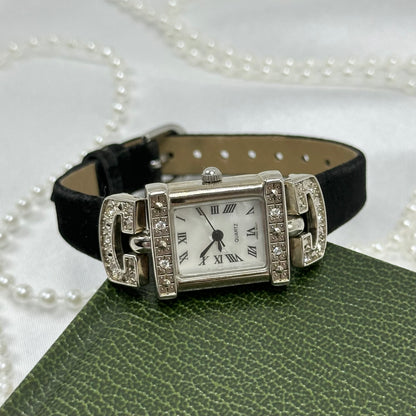 Silver Vintage Avon Watch with Black Velvet Band and Mother of Pearl Dial