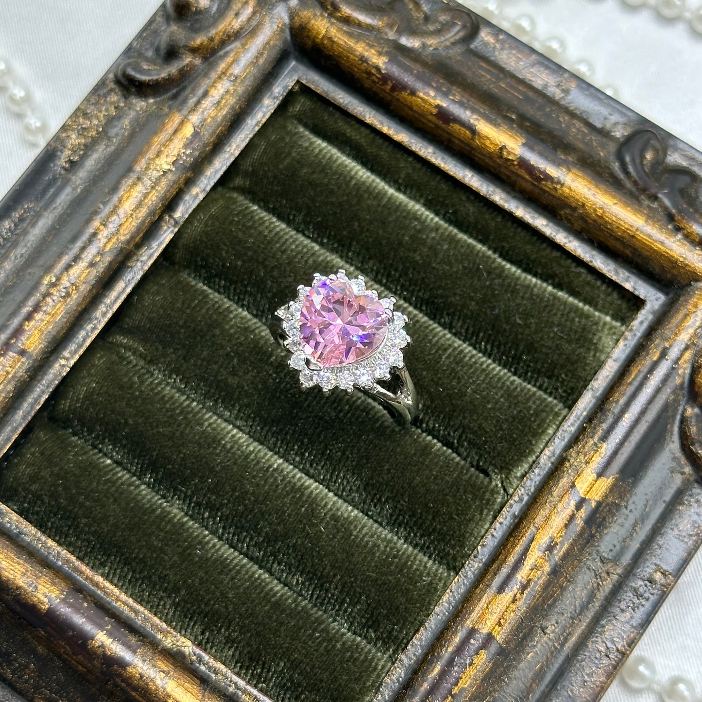 Vintage Light Pink Heart Stone Deadstock Ring Rhodium Plated