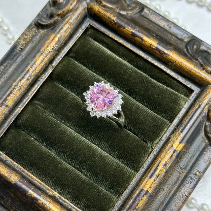 Vintage Light Pink Heart Stone Deadstock Ring Rhodium Plated