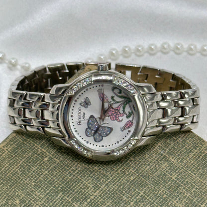 Silver Diamanté Armitron Watch with Purple Butterflies and Flower Dial