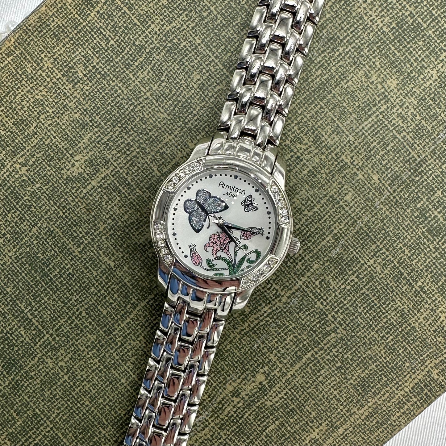 Silver Diamanté Armitron Watch with Purple Butterflies and Flower Dial