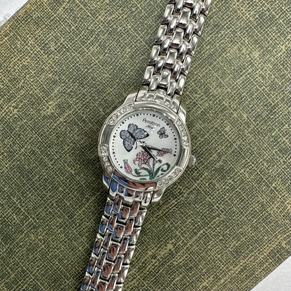 Silver Diamanté Armitron Watch with Purple Butterflies and Flower Dial