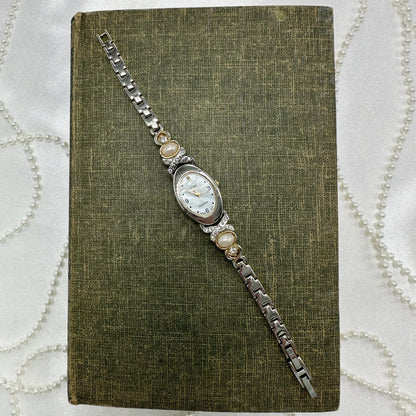 Two-Tone Diamanté and Pearl Watch with Mother of Pearl Dial