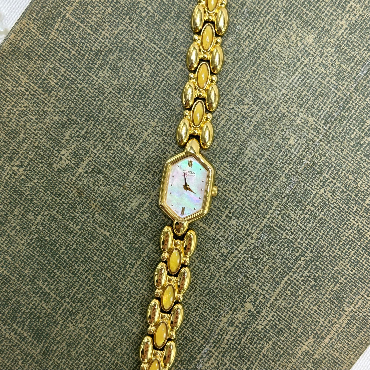 Dainty Yellow Iridescent Gemstone Citizen Watch with Mother of Pearl Dial