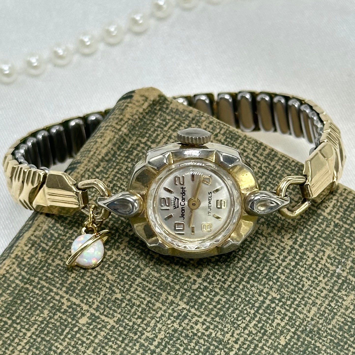Vintage Jean Cardot Wind Up Gold Watch with Opal Saturn Charm