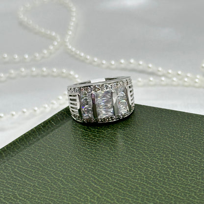 Three Row Clear Stone Vintage Deadstock Band Ring Rhodium Plated