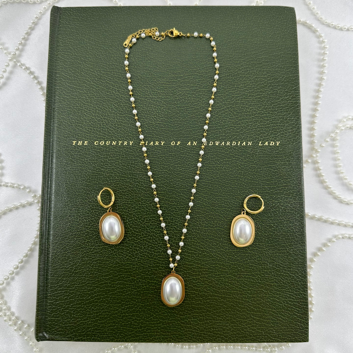 Pearl Necklace and Huggie Earring Set