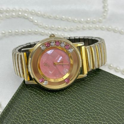 Pink and White Floating Crystal Dial Gold Watch