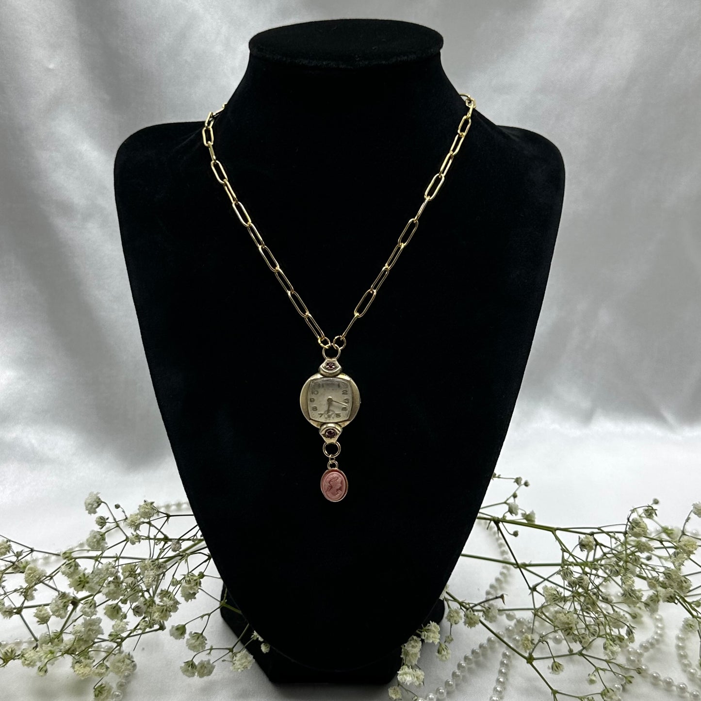 Vintage Ruby Accented Watch Necklace with Cameo Charm