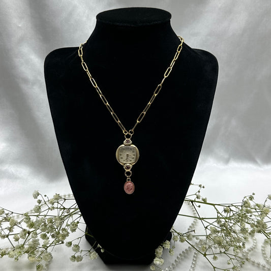 Vintage Ruby Accented Watch Necklace with Cameo Charm