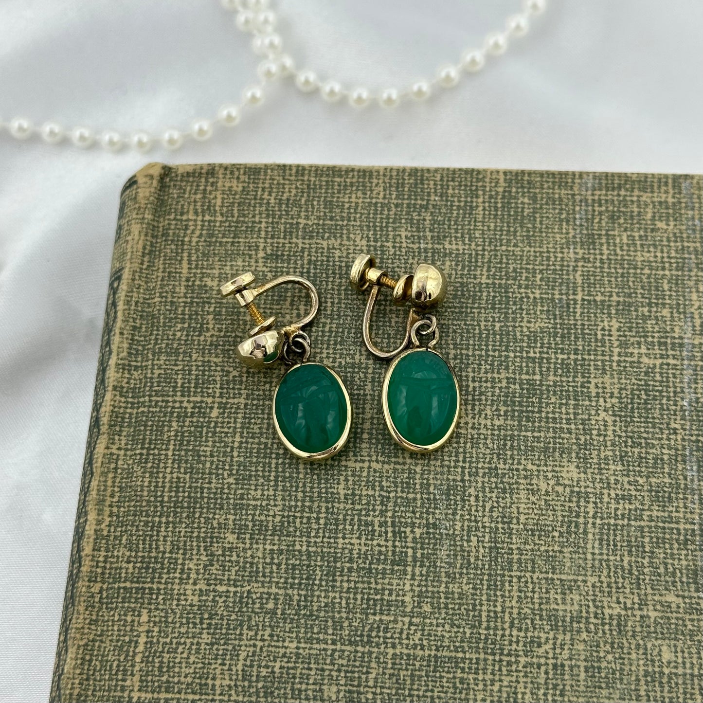 Vintage Gold Filled Green Scarab Screw Back Dangle Earrings