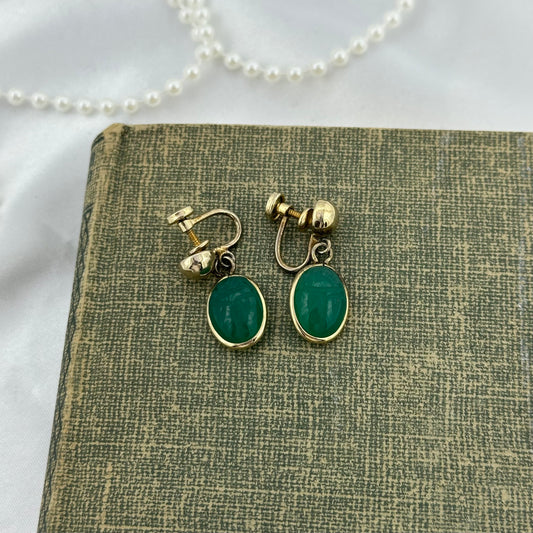 Vintage Gold Filled Green Scarab Screw Back Dangle Earrings
