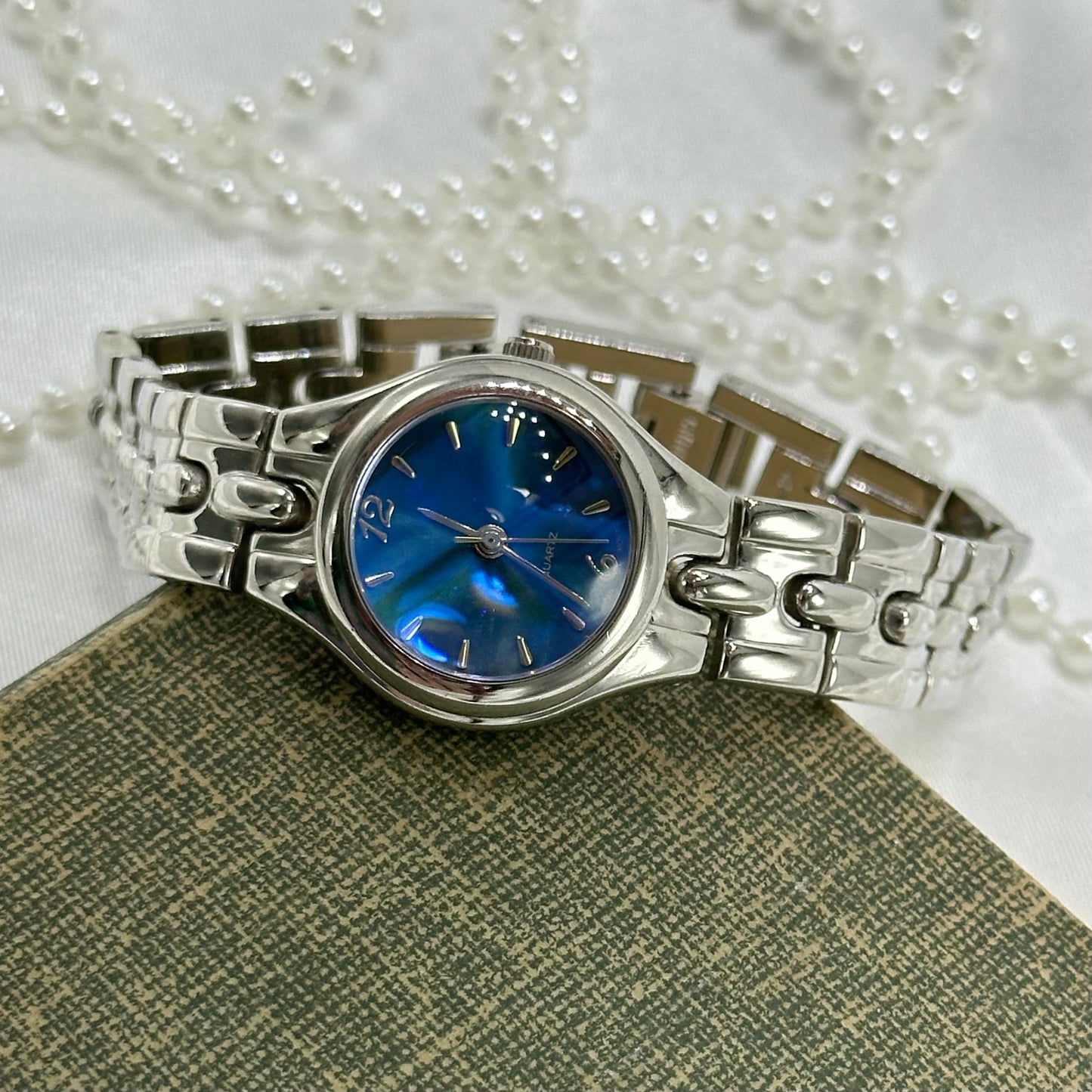 Silver Watch with Blue Iridescent Dial