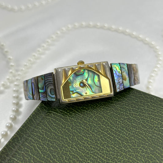 Gold Abalone Watch with Rectangular Dial