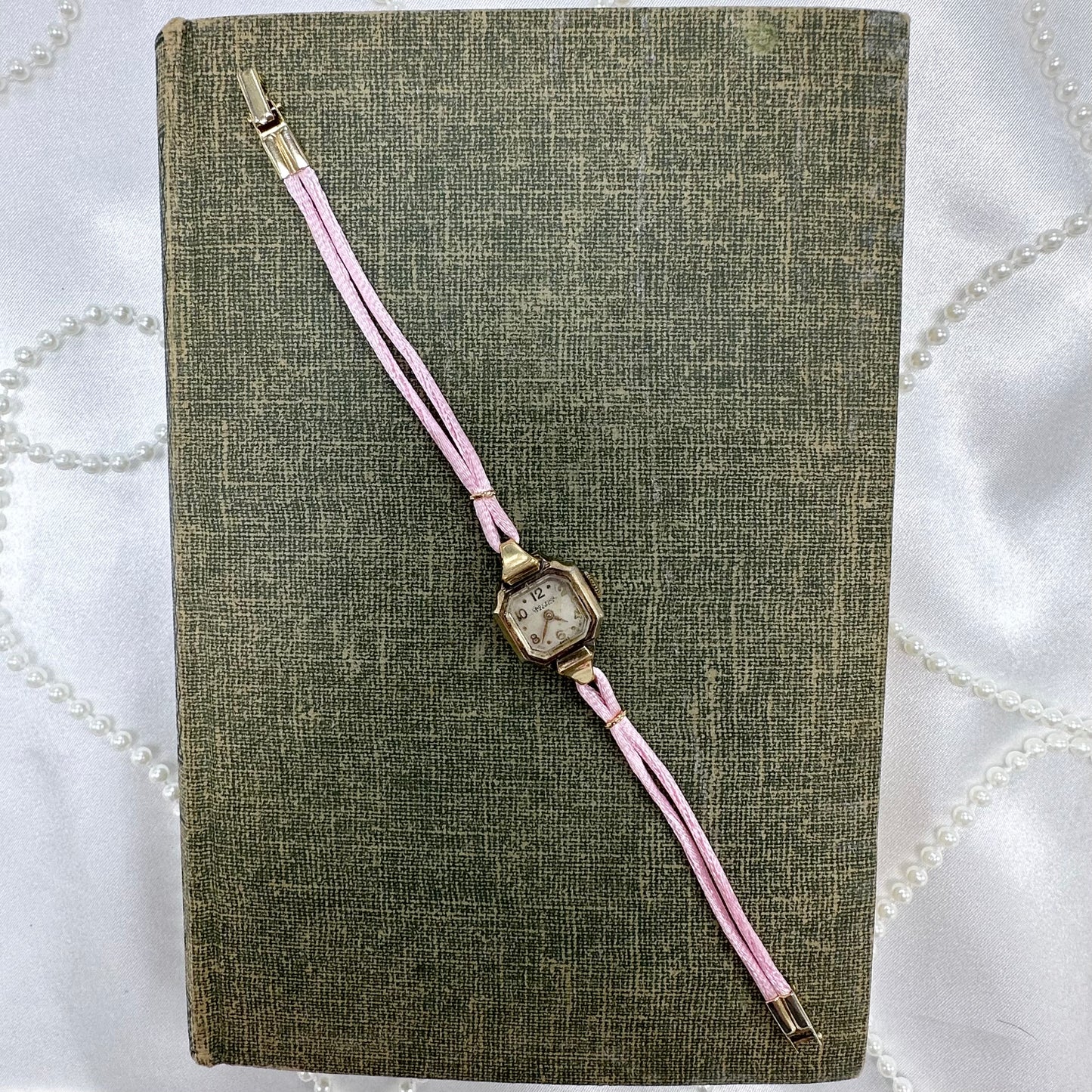 Vintage Gold Wind-Up Cocktail Watch with Satin Pink Band