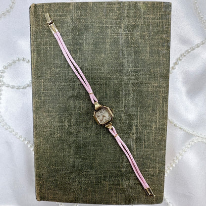 Vintage Gold Wind-Up Cocktail Watch with Satin Pink Band