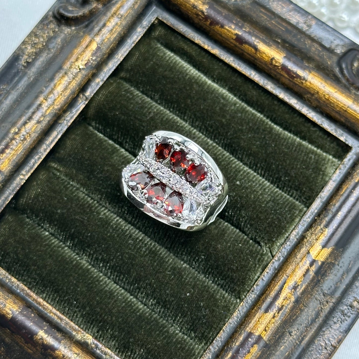 Vintage Red Stones Deadstock Cocktail Ring Rhodium Plated
